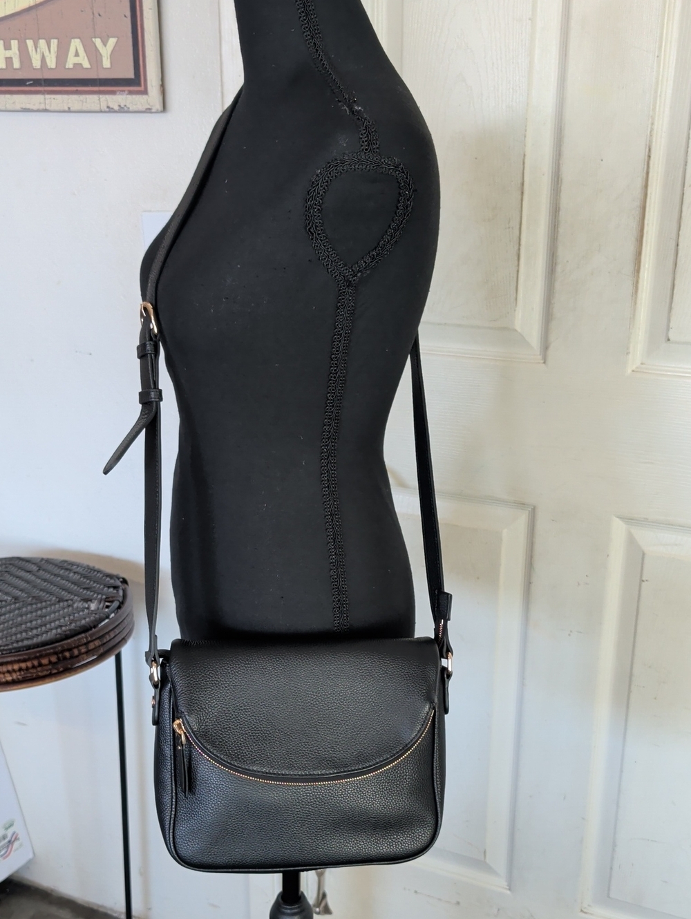 Quince Italian Leather Foldover Crossbody in Black Cow Leather